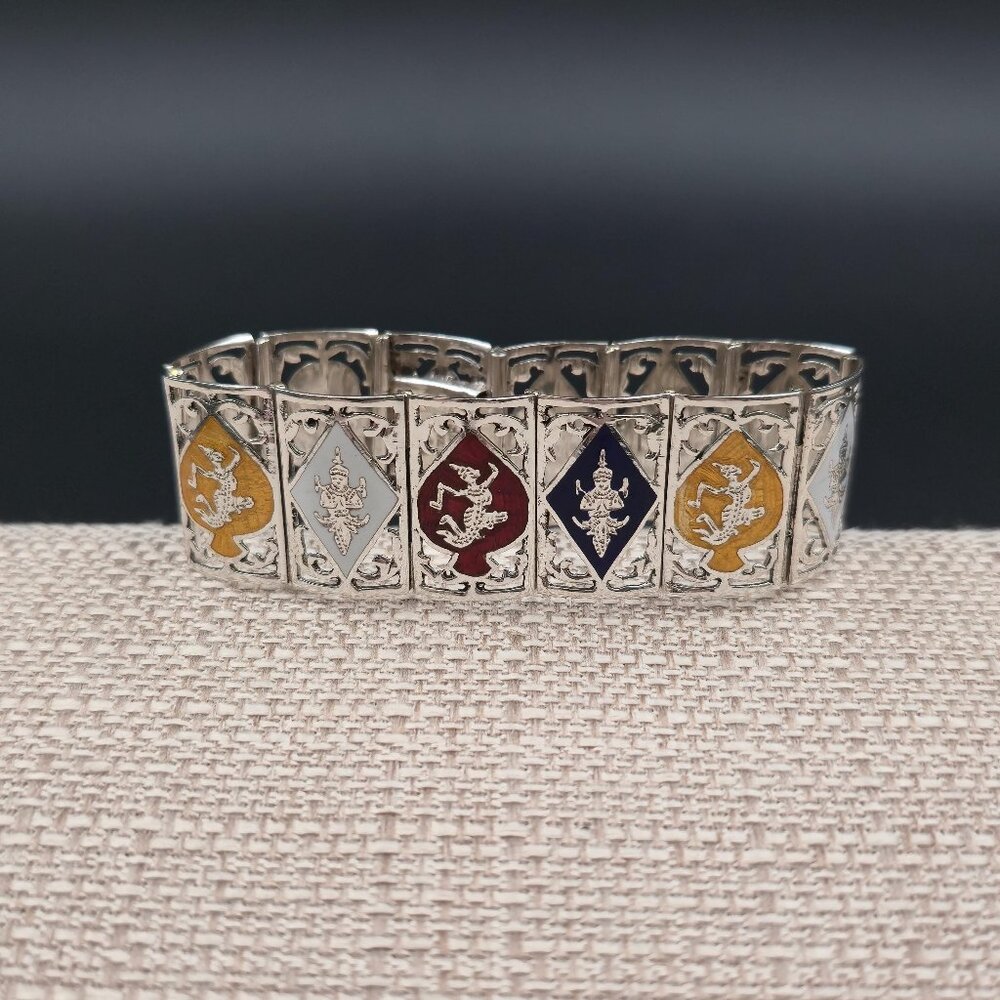 6.5 Inch Sterling Silver Siam Enamel Panel Vintage Bracelet B1012